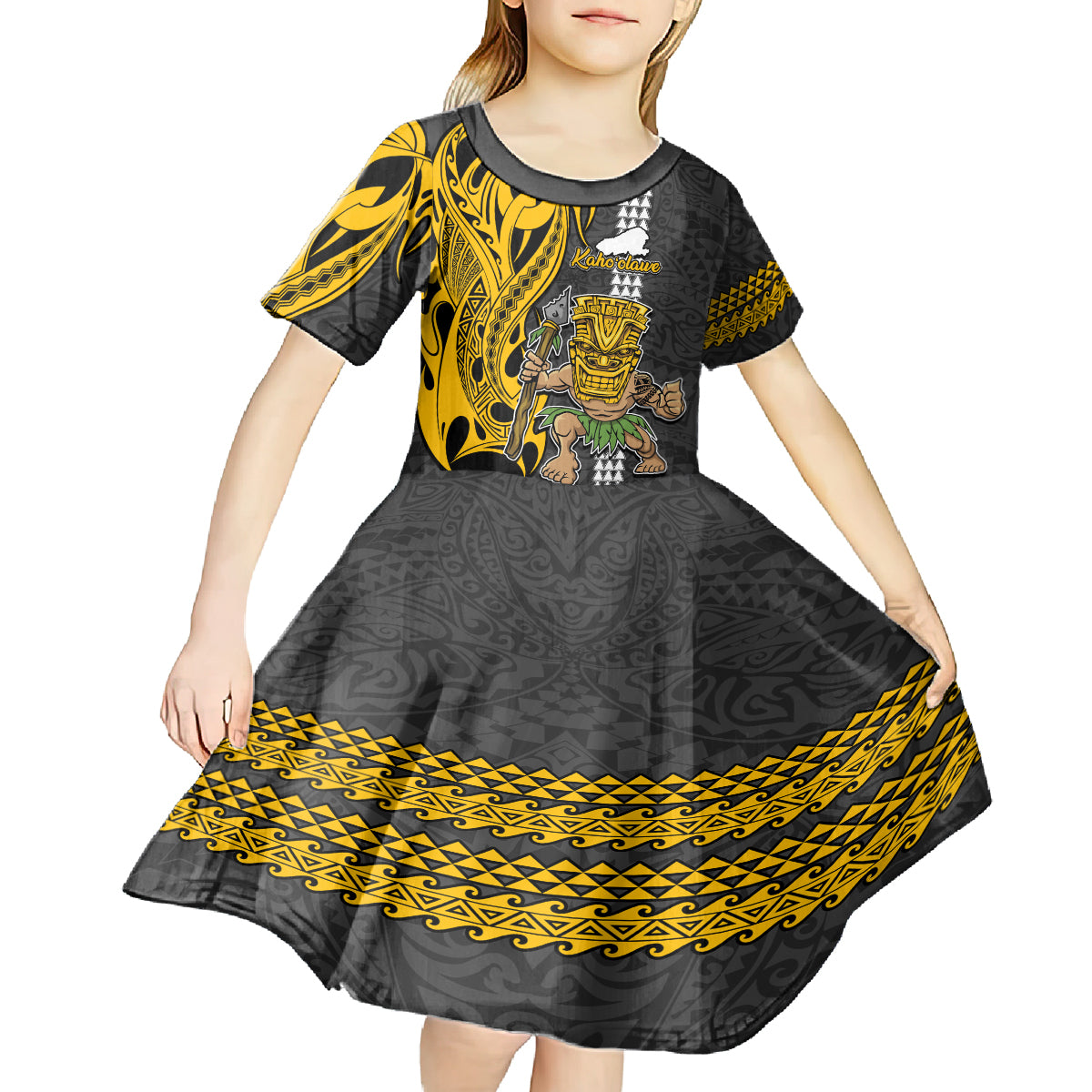 Custom Hawaii Kahoolawe Island Kid Short Sleeve Dress Hawaiian Warrior and Kakau Symbols Abstract Tattoo LT03 - Polynesian Pride