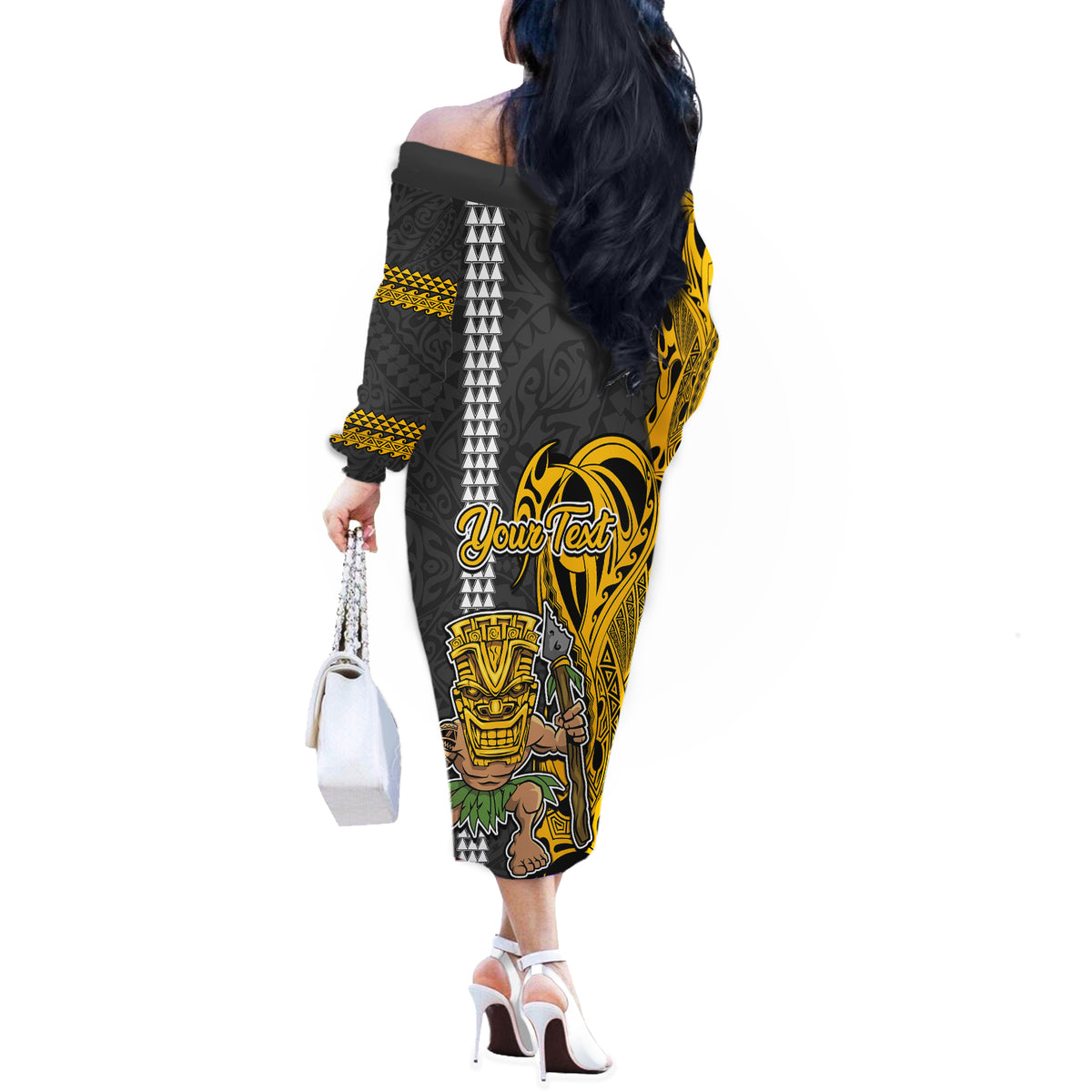 Custom Hawaii Kahoolawe Island Off The Shoulder Long Sleeve Dress Hawaiian Warrior and Kakau Symbols Abstract Tattoo LT03 - Polynesian Pride