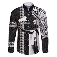 Hawaii Kahoolawe Island Family Matching Mermaid Dress and Hawaiian Shirt Hawaiian King and Kakau Symbols Abstract Shoulder Tattoo LT03 Dad's Shirt - Long Sleeve Black - Polynesian Pride