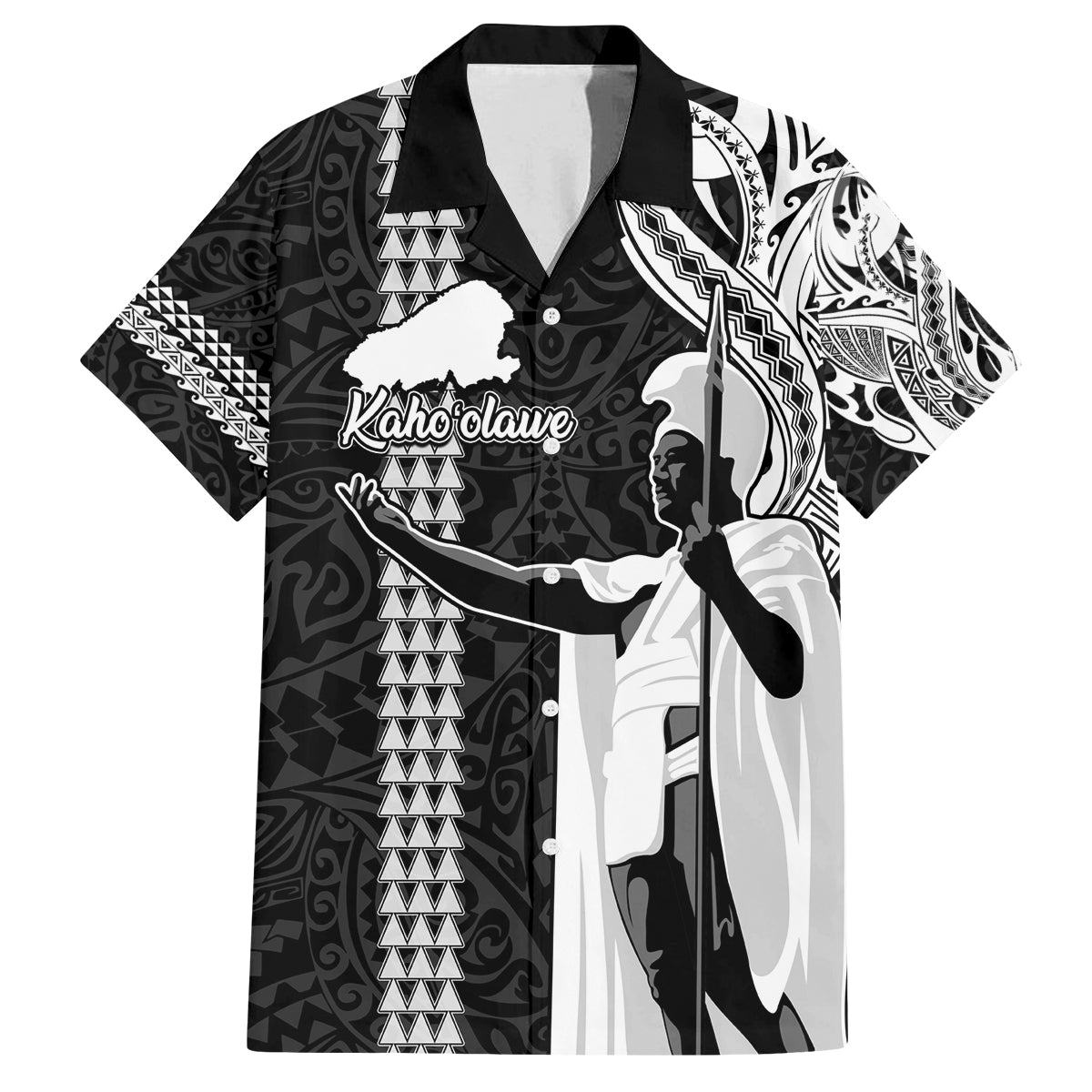 Hawaii Kahoolawe Island Family Matching Off Shoulder Long Sleeve Dress and Hawaiian Shirt Hawaiian King and Kakau Symbols Abstract Shoulder Tattoo LT03 Dad's Shirt - Short Sleeve Black - Polynesian Pride
