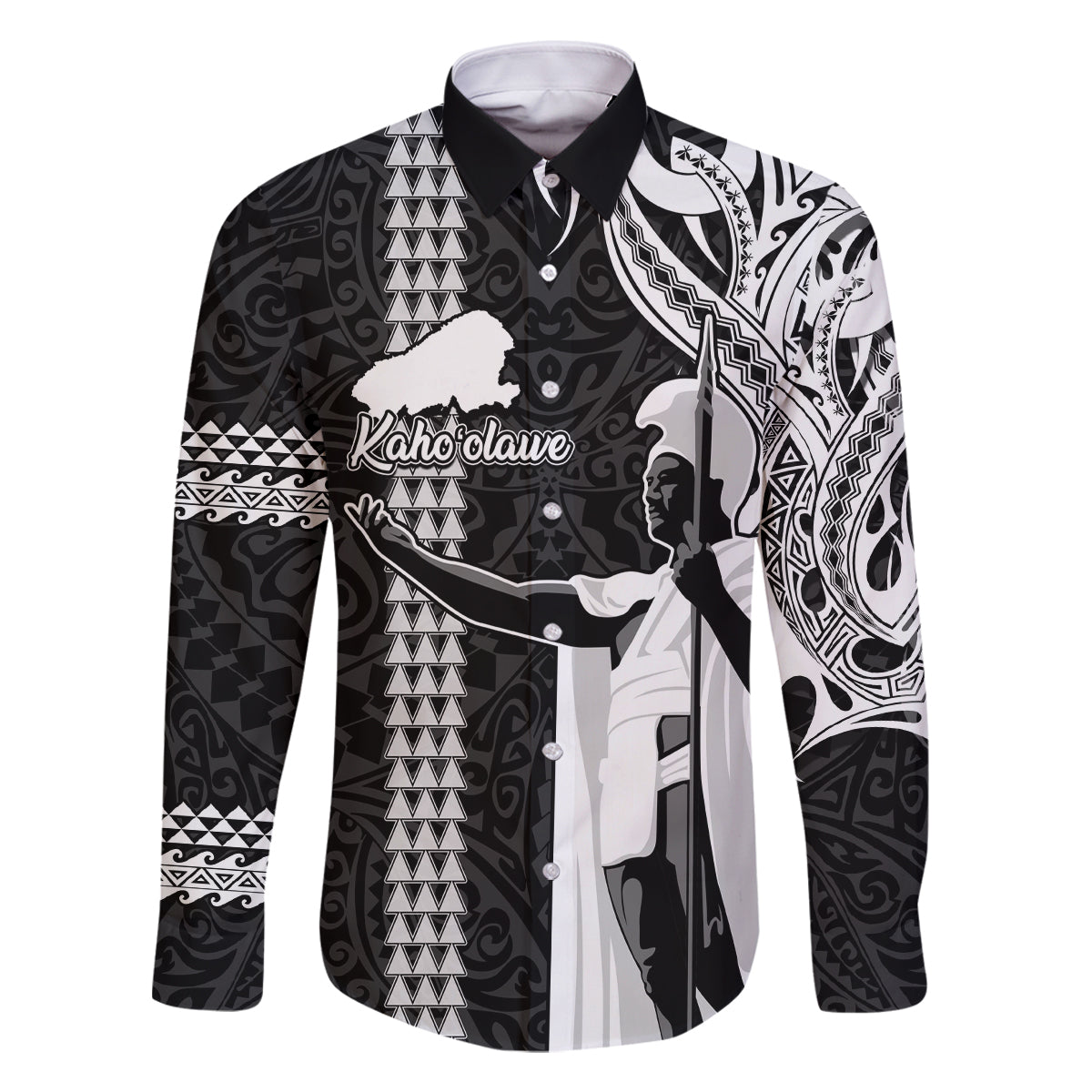 Hawaii Kahoolawe Island Family Matching Off Shoulder Long Sleeve Dress and Hawaiian Shirt Hawaiian King and Kakau Symbols Abstract Shoulder Tattoo LT03 Dad's Shirt - Long Sleeve Black - Polynesian Pride