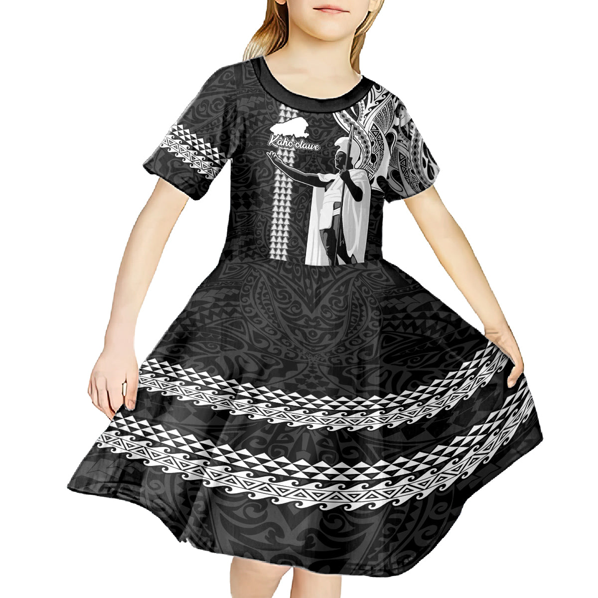 Hawaii Kahoolawe Island Kid Short Sleeve Dress Hawaiian King and Kakau Symbols Abstract Shoulder Tattoo LT03 - Polynesian Pride