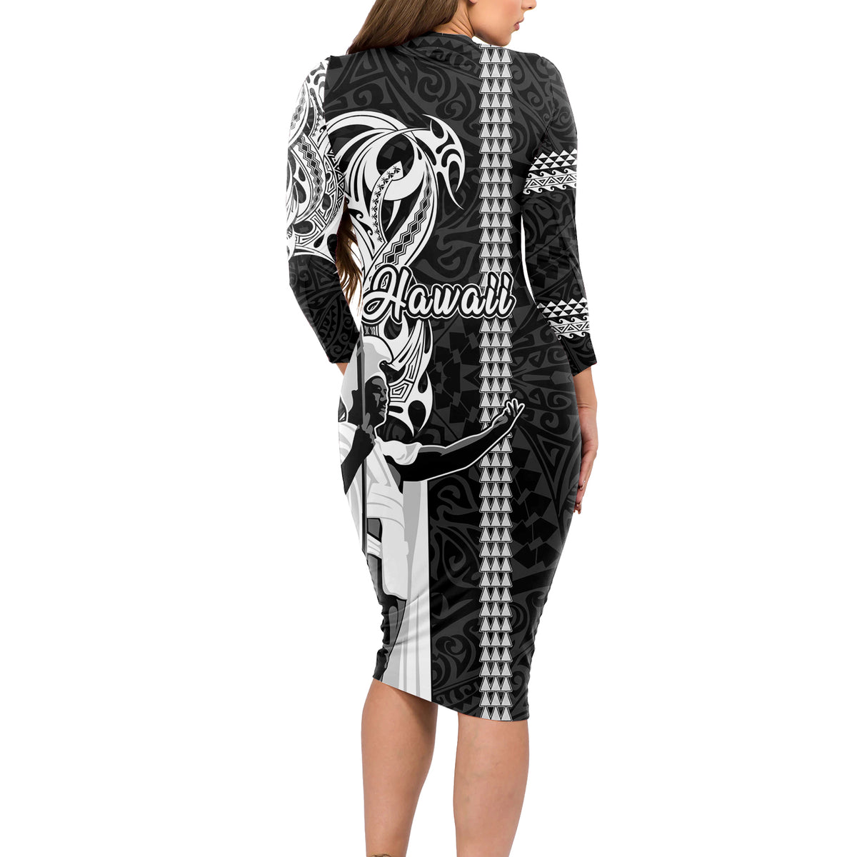 Hawaii Kahoolawe Island Long Sleeve Bodycon Dress Hawaiian King and Kakau Symbols Abstract Shoulder Tattoo LT03 - Polynesian Pride