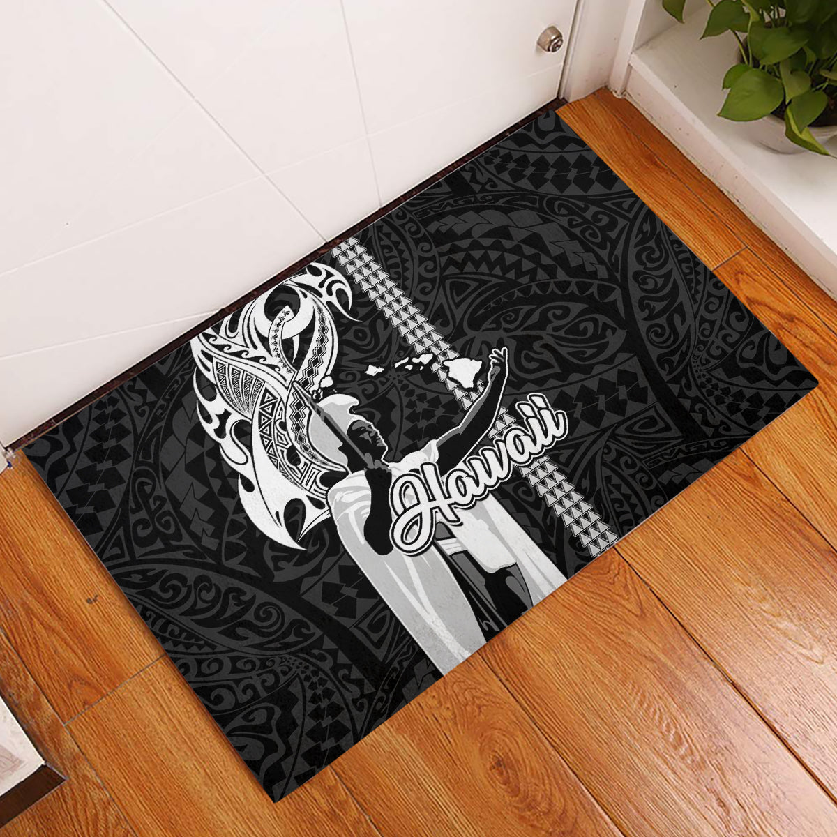 Hawaii Kahoolawe Island Rubber Doormat Hawaiian King and Kakau Symbols Abstract Shoulder Tattoo LT03 Black - Polynesian Pride