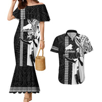 Custom Hawaii Kahoolawe Island Couples Matching Mermaid Dress and Hawaiian Shirt Hawaiian King and Kakau Symbols Abstract Shoulder Tattoo LT03 Black - Polynesian Pride