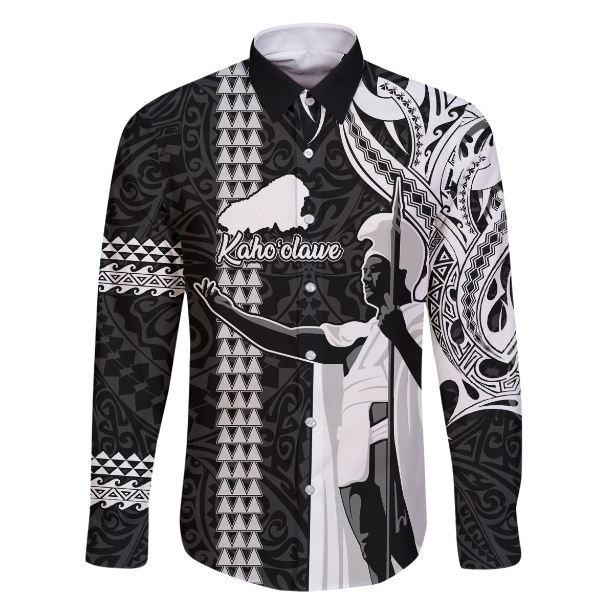 Custom Hawaii Kahoolawe Island Family Matching Mermaid Dress and Hawaiian Shirt Hawaiian King and Kakau Symbols Abstract Shoulder Tattoo LT03 Dad's Shirt - Long Sleeve Black - Polynesian Pride