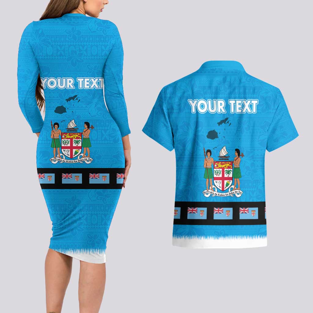Fiji Merry Christmas Couples Matching Long Sleeve Bodycon Dress and Hawaiian Shirt Santa Suit Style With Tapa Tribal Pattern LT03 - Polynesian Pride
