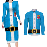 Fiji Merry Christmas Couples Matching Long Sleeve Bodycon Dress and Long Sleeve Button Shirt Santa Suit Style With Tapa Tribal Pattern LT03 Blue - Polynesian Pride