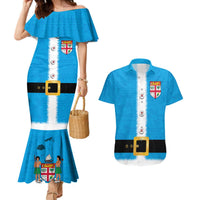 Fiji Merry Christmas Couples Matching Mermaid Dress and Hawaiian Shirt Santa Suit Style With Tapa Tribal Pattern LT03 Blue - Polynesian Pride