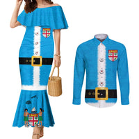 Fiji Merry Christmas Couples Matching Mermaid Dress and Long Sleeve Button Shirt Santa Suit Style With Tapa Tribal Pattern LT03 Blue - Polynesian Pride