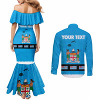Fiji Merry Christmas Couples Matching Mermaid Dress and Long Sleeve Button Shirt Santa Suit Style With Tapa Tribal Pattern LT03 - Polynesian Pride