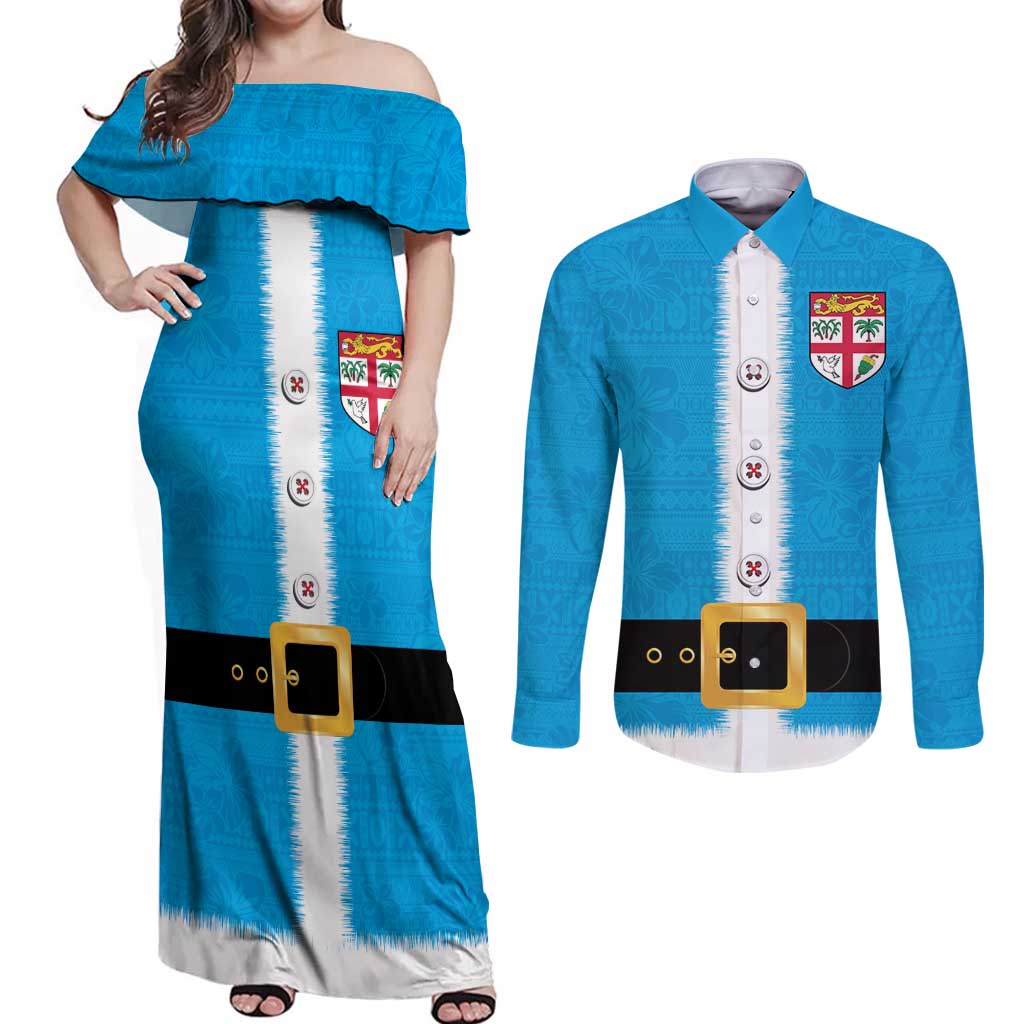 Fiji Merry Christmas Couples Matching Off Shoulder Maxi Dress and Long Sleeve Button Shirt Santa Suit Style With Tapa Tribal Pattern LT03 Blue - Polynesian Pride