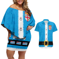Fiji Merry Christmas Couples Matching Off Shoulder Short Dress and Hawaiian Shirt Santa Suit Style With Tapa Tribal Pattern LT03 Blue - Polynesian Pride