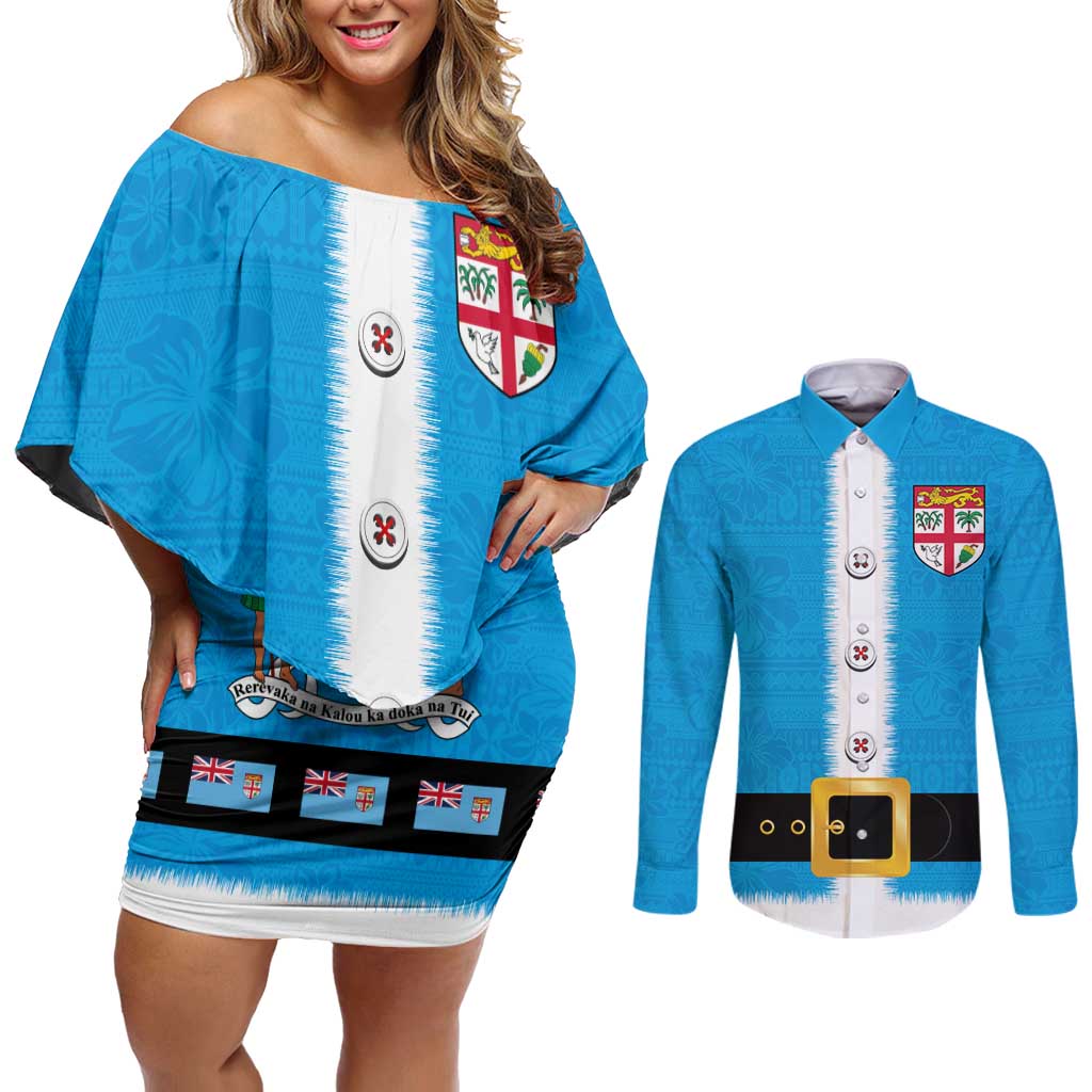 Fiji Merry Christmas Couples Matching Off Shoulder Short Dress and Long Sleeve Button Shirt Santa Suit Style With Tapa Tribal Pattern LT03 Blue - Polynesian Pride