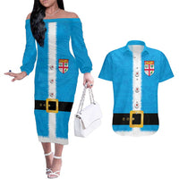 Fiji Merry Christmas Couples Matching Off The Shoulder Long Sleeve Dress and Hawaiian Shirt Santa Suit Style With Tapa Tribal Pattern LT03 Blue - Polynesian Pride
