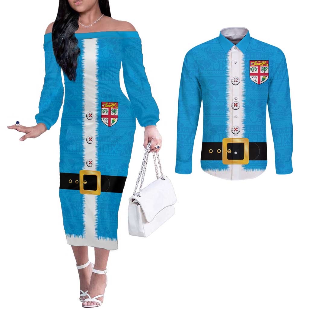 Fiji Merry Christmas Couples Matching Off The Shoulder Long Sleeve Dress and Long Sleeve Button Shirt Santa Suit Style With Tapa Tribal Pattern LT03 Blue - Polynesian Pride
