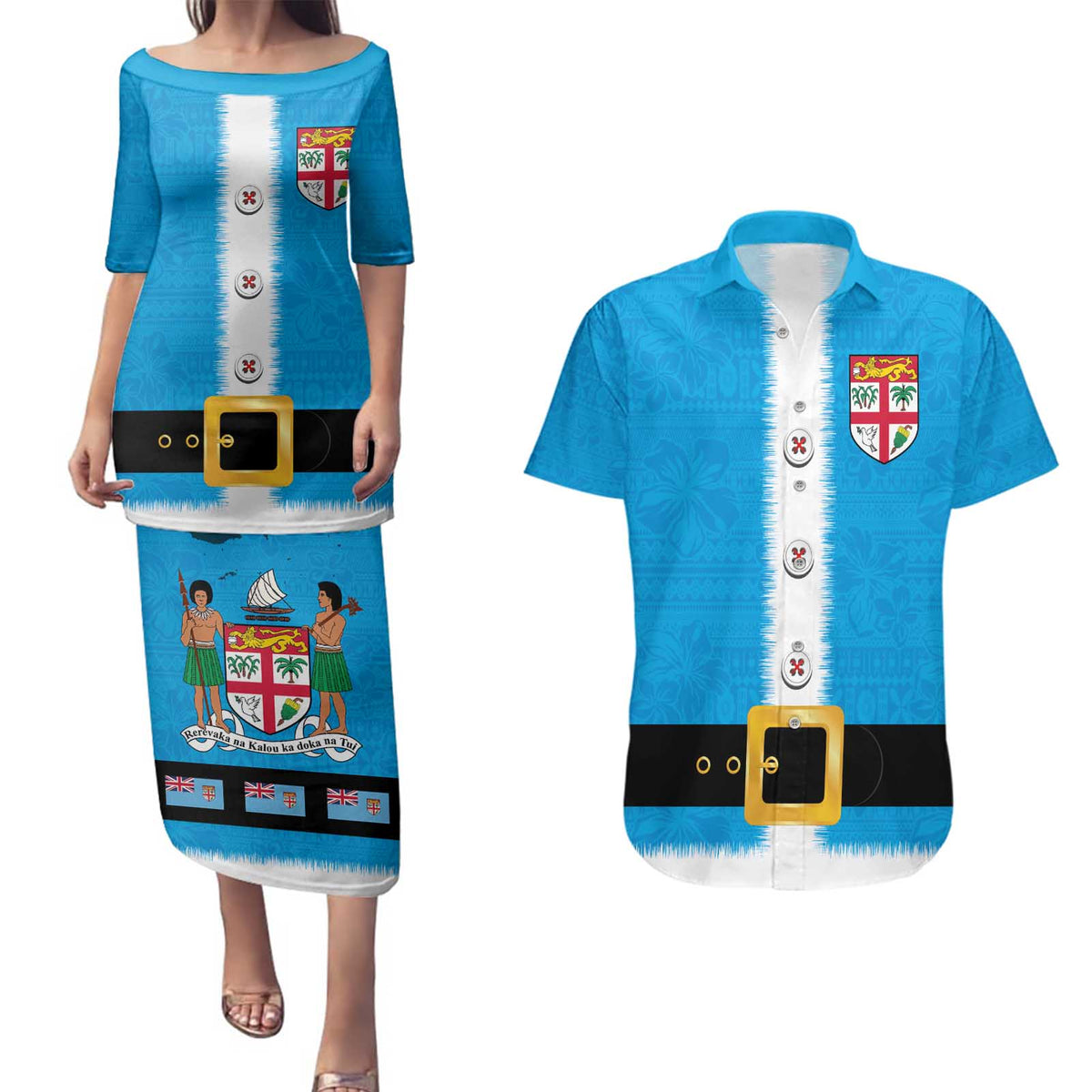 Fiji Merry Christmas Couples Matching Puletasi and Hawaiian Shirt Santa Suit Style With Tapa Tribal Pattern LT03 Blue - Polynesian Pride