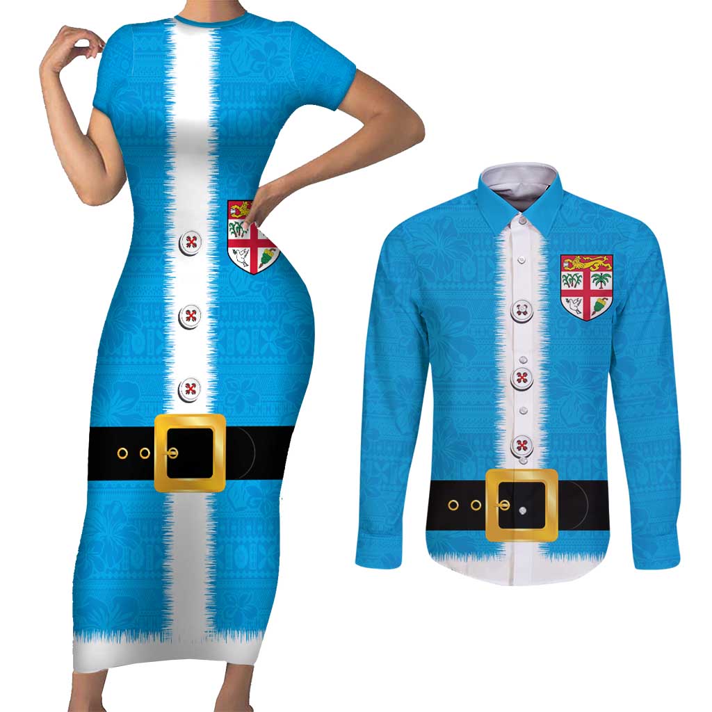 Fiji Merry Christmas Couples Matching Short Sleeve Bodycon Dress and Long Sleeve Button Shirt Santa Suit Style With Tapa Tribal Pattern LT03 Blue - Polynesian Pride
