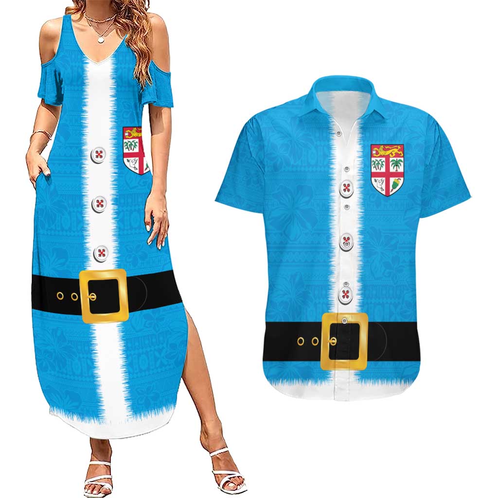 Fiji Merry Christmas Couples Matching Summer Maxi Dress and Hawaiian Shirt Santa Suit Style With Tapa Tribal Pattern LT03 Blue - Polynesian Pride
