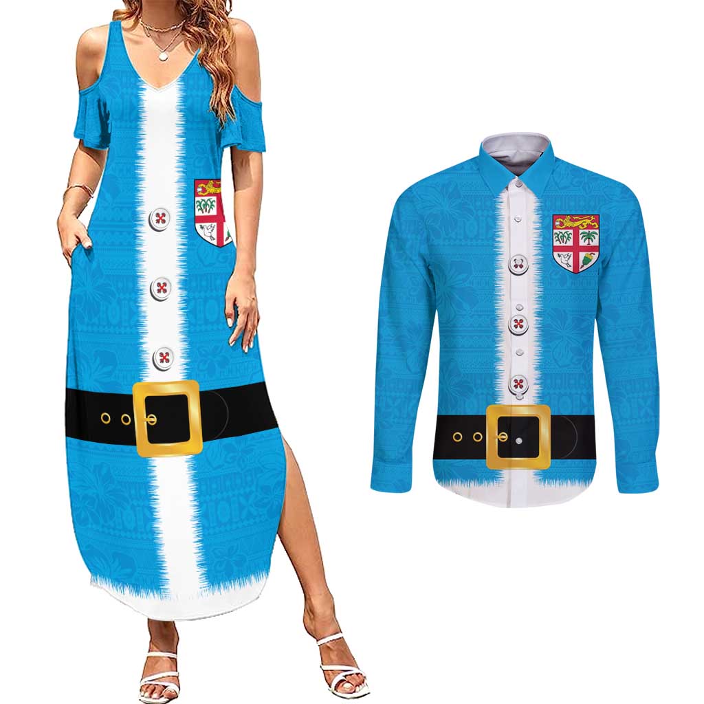 Fiji Merry Christmas Couples Matching Summer Maxi Dress and Long Sleeve Button Shirt Santa Suit Style With Tapa Tribal Pattern LT03 Blue - Polynesian Pride