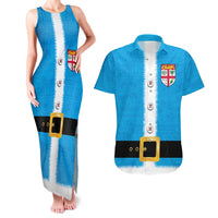 Fiji Merry Christmas Couples Matching Tank Maxi Dress and Hawaiian Shirt Santa Suit Style With Tapa Tribal Pattern LT03 Blue - Polynesian Pride