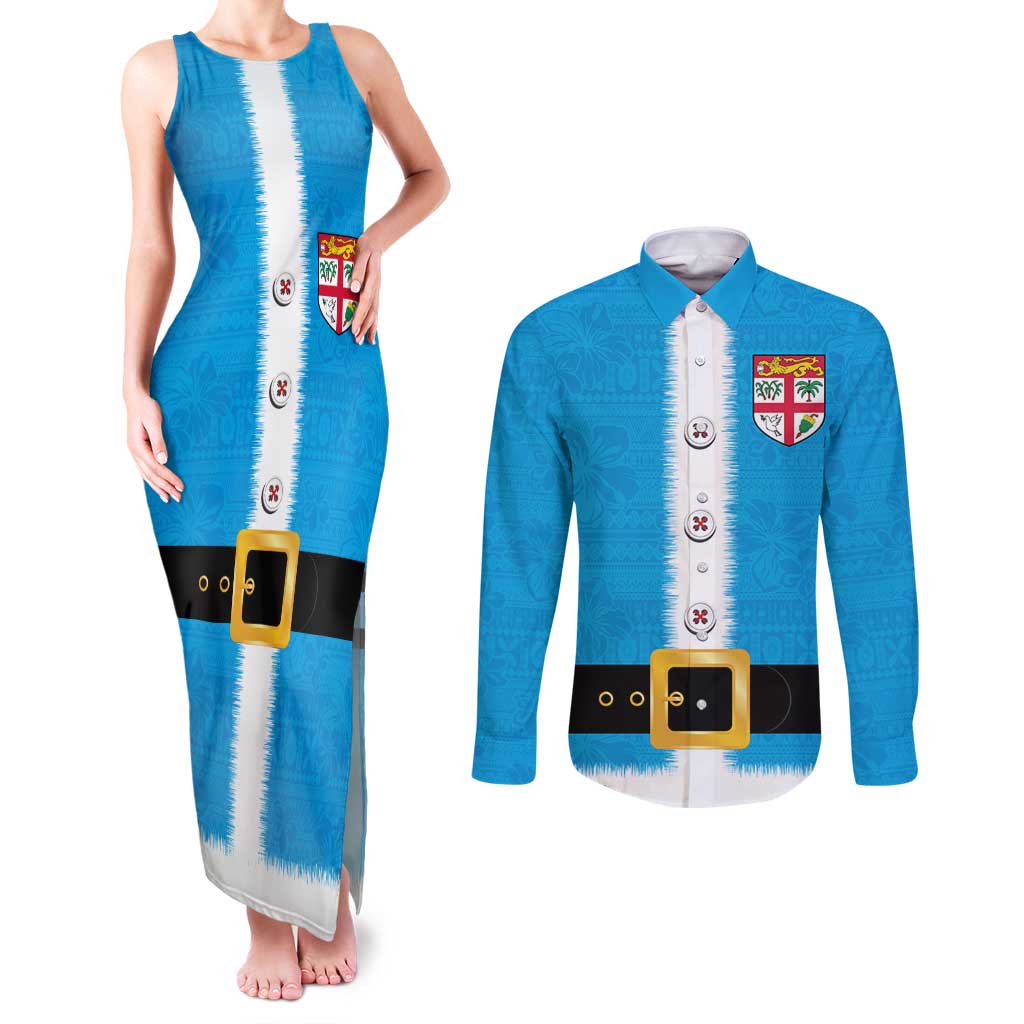 Fiji Merry Christmas Couples Matching Tank Maxi Dress and Long Sleeve Button Shirt Santa Suit Style With Tapa Tribal Pattern LT03 Blue - Polynesian Pride