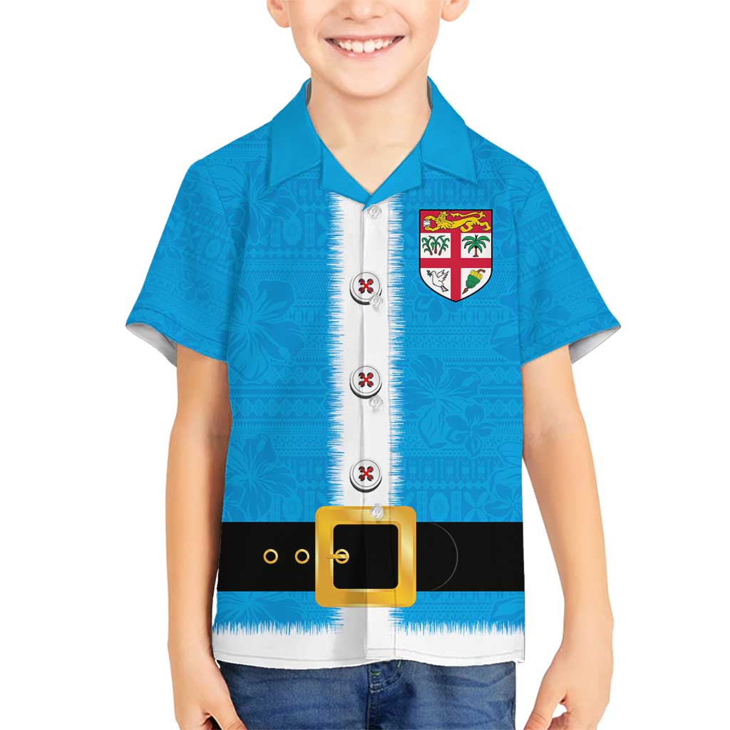 Fiji Merry Christmas Family Matching Long Sleeve Bodycon Dress and Hawaiian Shirt Santa Suit Style With Tapa Tribal Pattern LT03 Son's Shirt Blue - Polynesian Pride