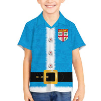 Fiji Merry Christmas Family Matching Long Sleeve Bodycon Dress and Hawaiian Shirt Santa Suit Style With Tapa Tribal Pattern LT03 Son's Shirt Blue - Polynesian Pride