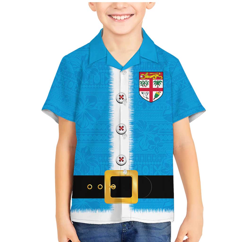Fiji Merry Christmas Family Matching Mermaid Dress and Hawaiian Shirt Santa Suit Style With Tapa Tribal Pattern LT03 Son's Shirt Blue - Polynesian Pride