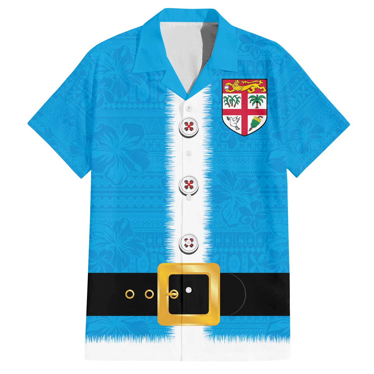 Fiji Merry Christmas Family Matching Off The Shoulder Long Sleeve Dress and Hawaiian Shirt Santa Suit Style With Tapa Tribal Pattern LT03 Dad's Shirt - Short Sleeve Blue - Polynesian Pride