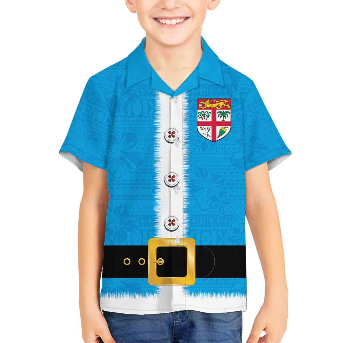 Fiji Merry Christmas Family Matching Off The Shoulder Long Sleeve Dress and Hawaiian Shirt Santa Suit Style With Tapa Tribal Pattern LT03 Son's Shirt Blue - Polynesian Pride