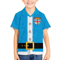 Fiji Merry Christmas Family Matching Off The Shoulder Long Sleeve Dress and Hawaiian Shirt Santa Suit Style With Tapa Tribal Pattern LT03 Son's Shirt Blue - Polynesian Pride