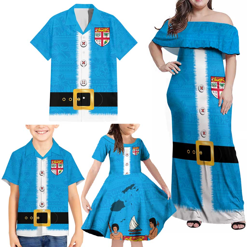 Fiji Merry Christmas Family Matching Off Shoulder Maxi Dress and Hawaiian Shirt Santa Suit Style With Tapa Tribal Pattern LT03 - Polynesian Pride