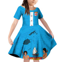 Fiji Merry Christmas Family Matching Off Shoulder Short Dress and Hawaiian Shirt Santa Suit Style With Tapa Tribal Pattern LT03 Daughter's Dress Blue - Polynesian Pride