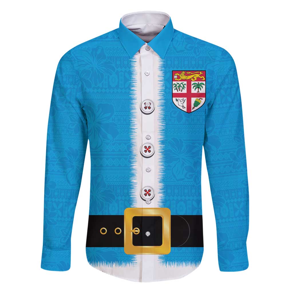 Fiji Merry Christmas Family Matching Off Shoulder Short Dress and Hawaiian Shirt Santa Suit Style With Tapa Tribal Pattern LT03 Dad's Shirt - Long Sleeve Blue - Polynesian Pride