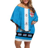 Fiji Merry Christmas Family Matching Off Shoulder Short Dress and Hawaiian Shirt Santa Suit Style With Tapa Tribal Pattern LT03 Mom's Dress Blue - Polynesian Pride