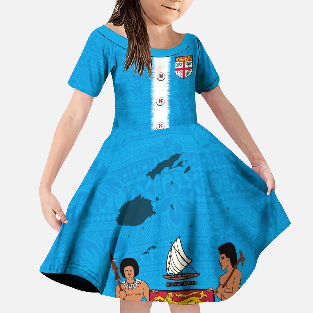 Fiji Merry Christmas Family Matching Short Sleeve Bodycon Dress and Hawaiian Shirt Santa Suit Style With Tapa Tribal Pattern LT03 Daughter's Dress Blue - Polynesian Pride