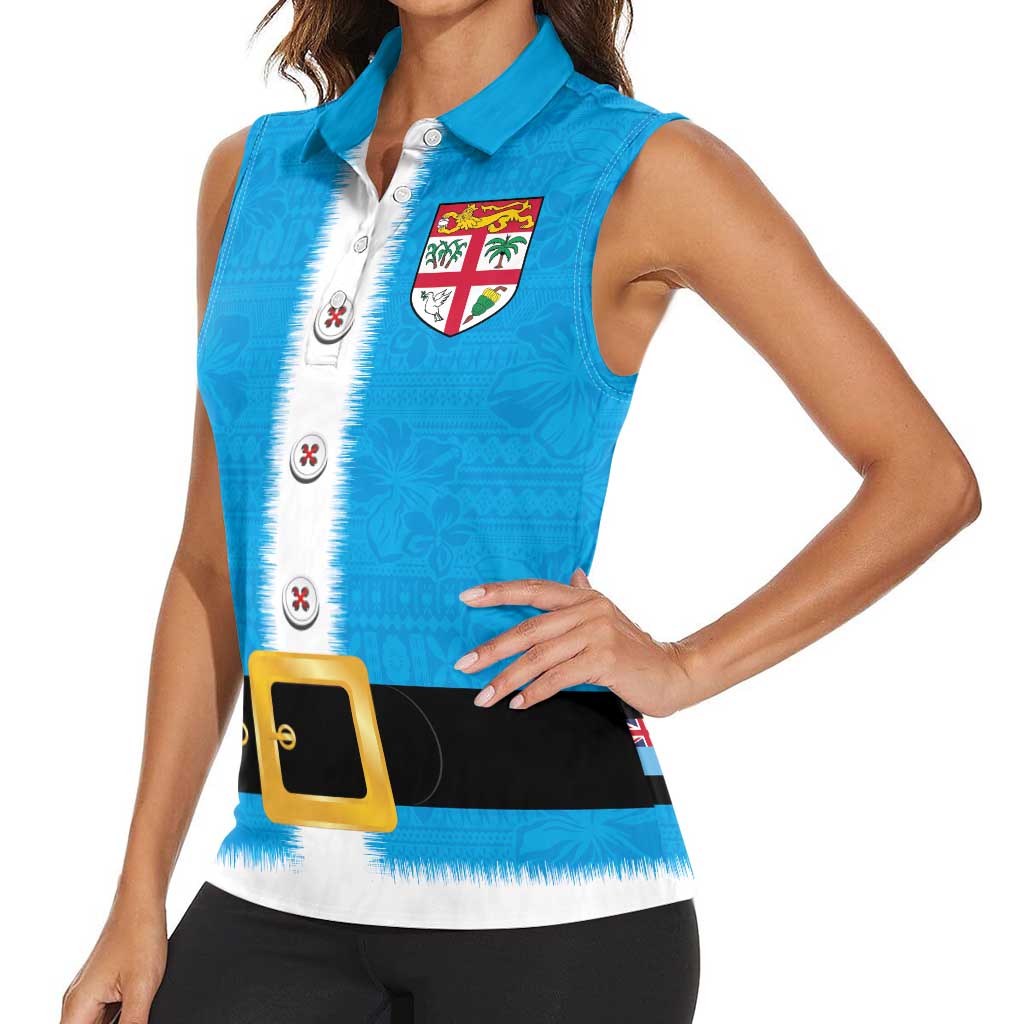 Fiji Merry Christmas Women Sleeveless Polo Shirt Santa Suit Style With Tapa Tribal Pattern LT03 - Polynesian Pride