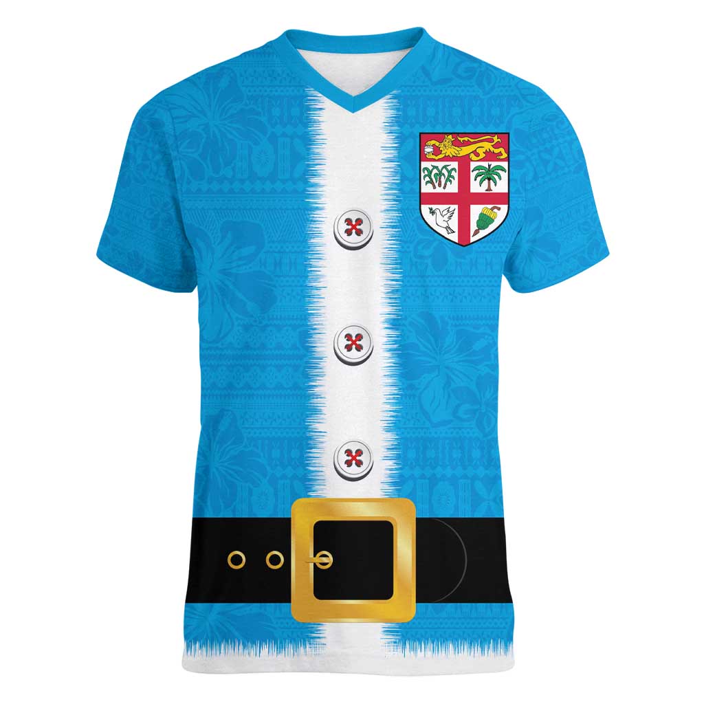 Fiji Merry Christmas Women V-Neck T-Shirt Santa Suit Style With Tapa Tribal Pattern LT03 Female Blue - Polynesian Pride