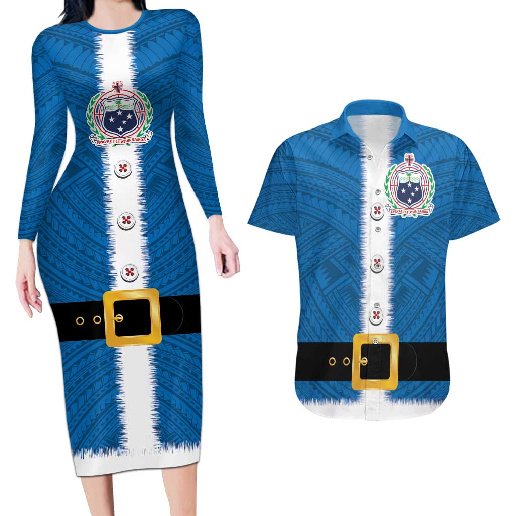 Samoa Merry Christmas Couples Matching Long Sleeve Bodycon Dress and Hawaiian Shirt Santa Suit Style With Tatau Tattoo Pattern LT03 Blue - Polynesian Pride