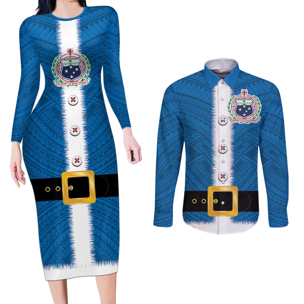 Samoa Merry Christmas Couples Matching Long Sleeve Bodycon Dress and Long Sleeve Button Shirt Santa Suit Style With Tatau Tattoo Pattern LT03 Blue - Polynesian Pride