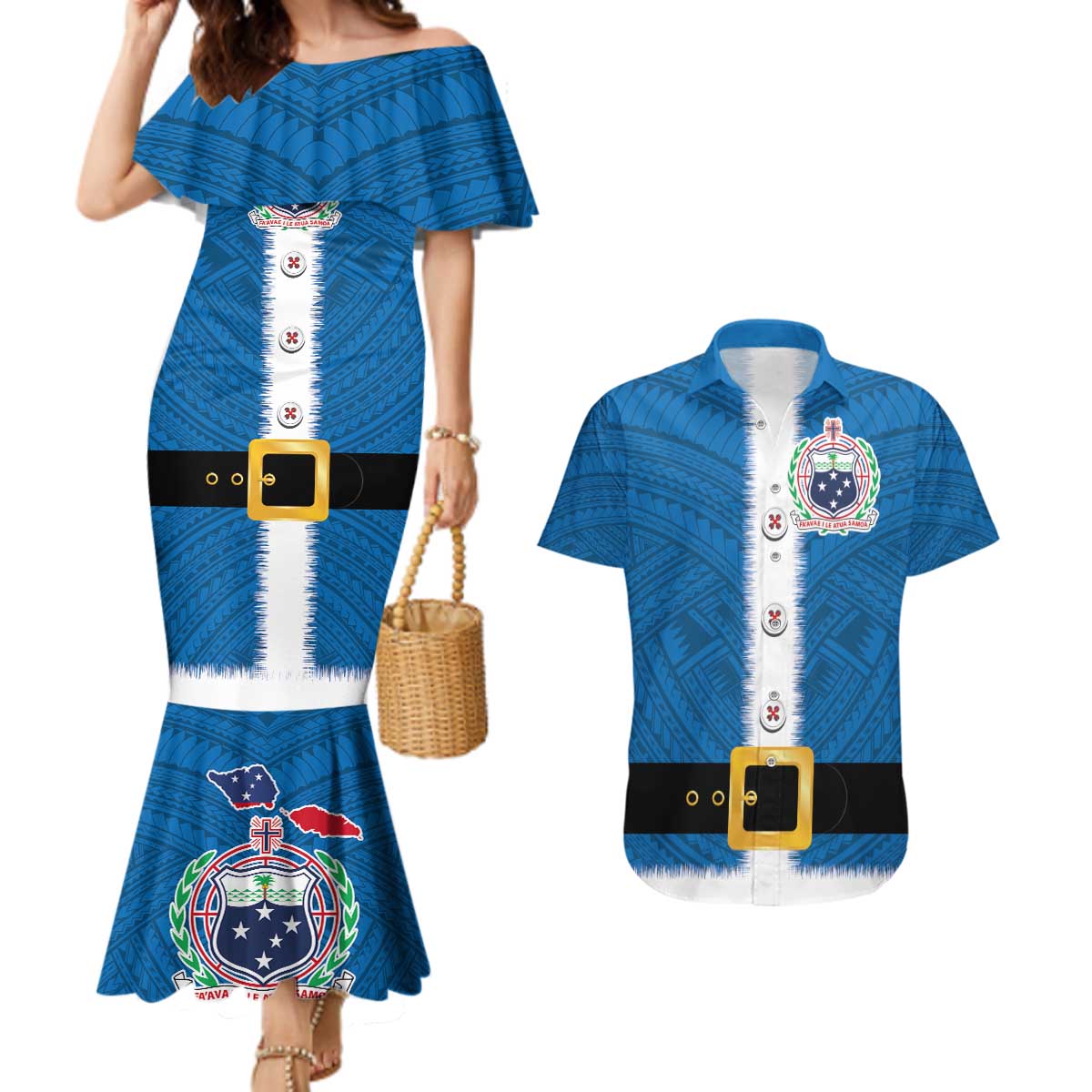 Samoa Merry Christmas Couples Matching Mermaid Dress and Hawaiian Shirt Santa Suit Style With Tatau Tattoo Pattern LT03 Blue - Polynesian Pride