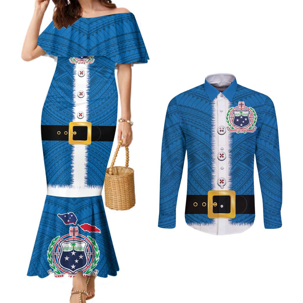 Samoa Merry Christmas Couples Matching Mermaid Dress and Long Sleeve Button Shirt Santa Suit Style With Tatau Tattoo Pattern LT03 Blue - Polynesian Pride