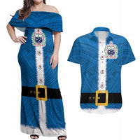Samoa Merry Christmas Couples Matching Off Shoulder Maxi Dress and Hawaiian Shirt Santa Suit Style With Tatau Tattoo Pattern LT03 Blue - Polynesian Pride