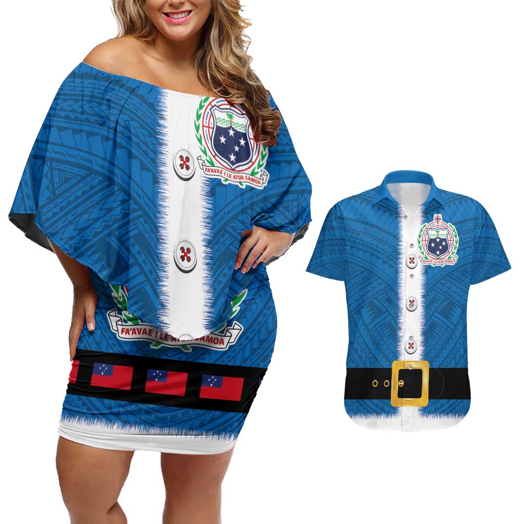 Samoa Merry Christmas Couples Matching Off Shoulder Short Dress and Hawaiian Shirt Santa Suit Style With Tatau Tattoo Pattern LT03 Blue - Polynesian Pride