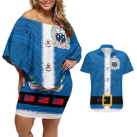 Samoa Merry Christmas Couples Matching Off Shoulder Short Dress and Hawaiian Shirt Santa Suit Style With Tatau Tattoo Pattern LT03 Blue - Polynesian Pride