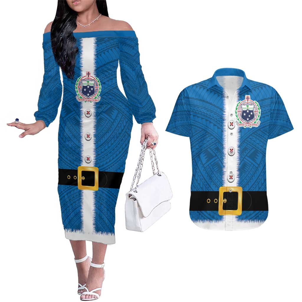 Samoa Merry Christmas Couples Matching Off The Shoulder Long Sleeve Dress and Hawaiian Shirt Santa Suit Style With Tatau Tattoo Pattern LT03 Blue - Polynesian Pride
