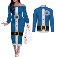 Samoa Merry Christmas Couples Matching Off The Shoulder Long Sleeve Dress and Long Sleeve Button Shirt Santa Suit Style With Tatau Tattoo Pattern LT03 Blue - Polynesian Pride