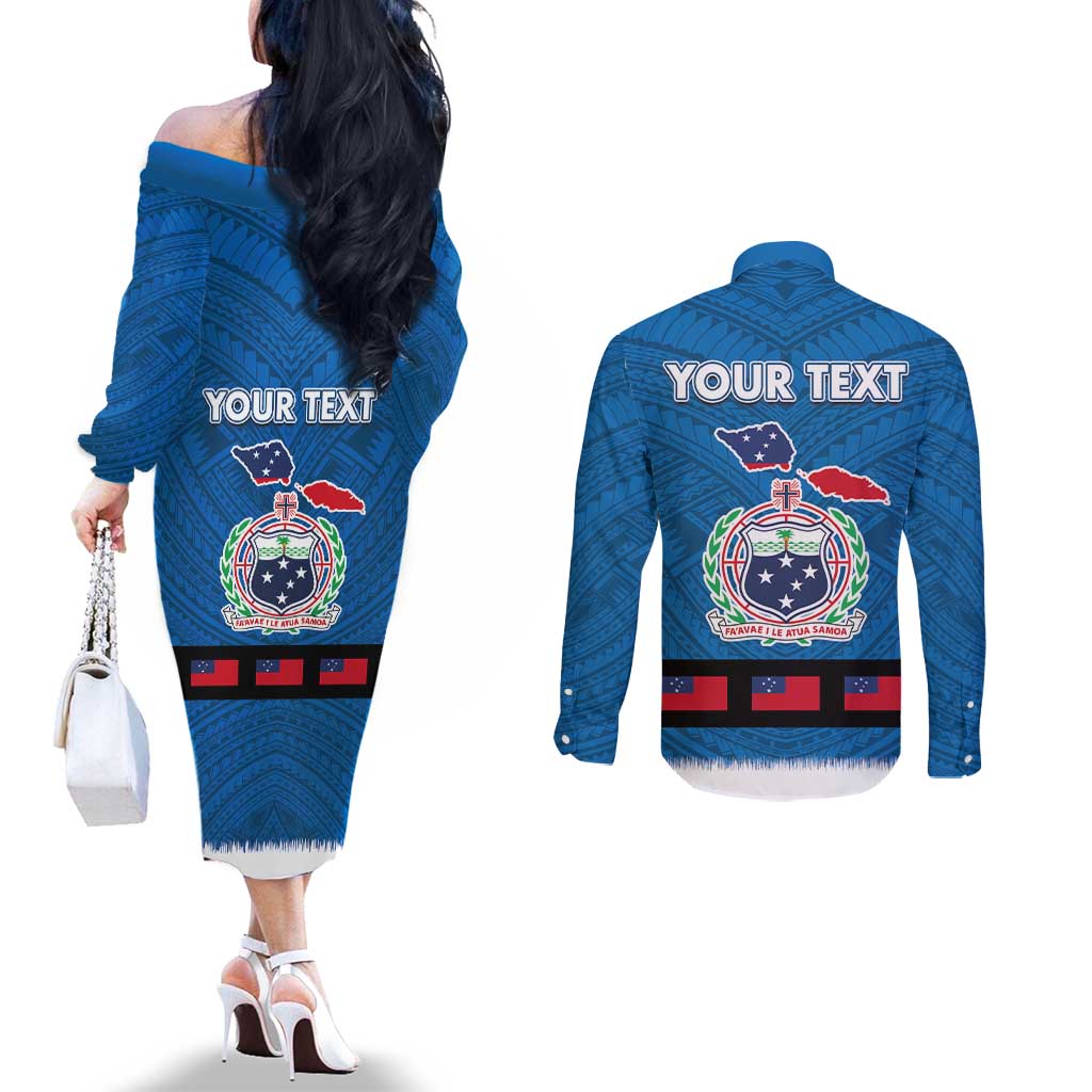 Samoa Merry Christmas Couples Matching Off The Shoulder Long Sleeve Dress and Long Sleeve Button Shirt Santa Suit Style With Tatau Tattoo Pattern LT03 - Polynesian Pride