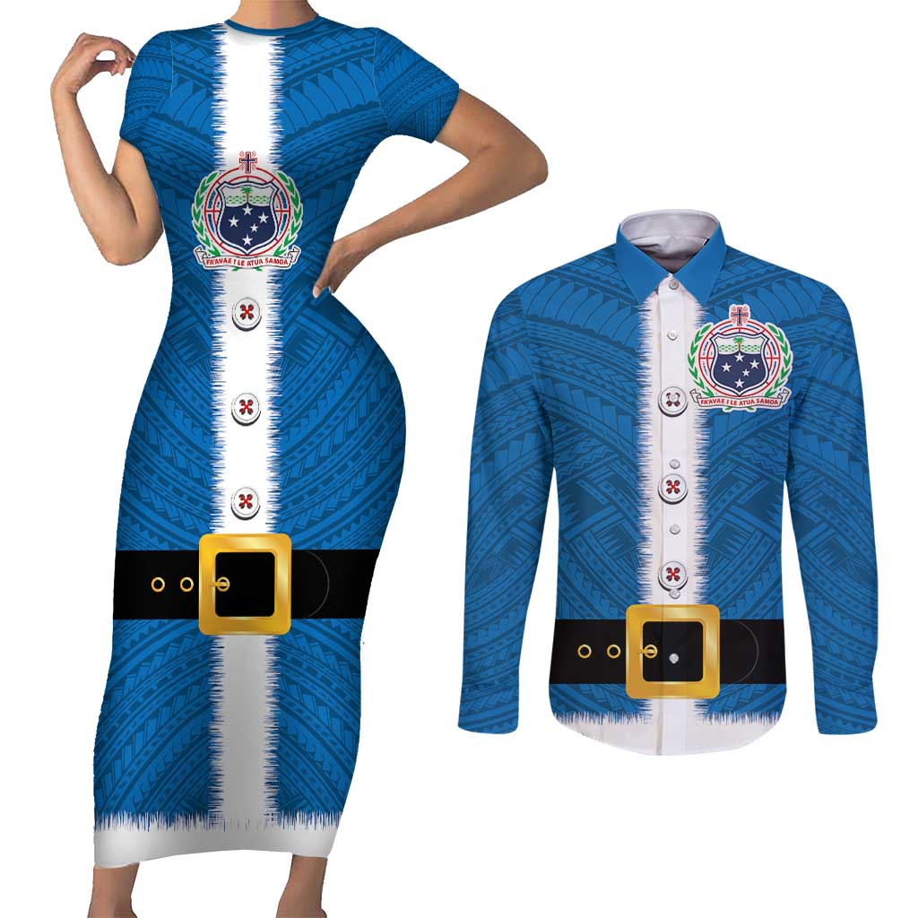 Samoa Merry Christmas Couples Matching Short Sleeve Bodycon Dress and Long Sleeve Button Shirt Santa Suit Style With Tatau Tattoo Pattern LT03 Blue - Polynesian Pride